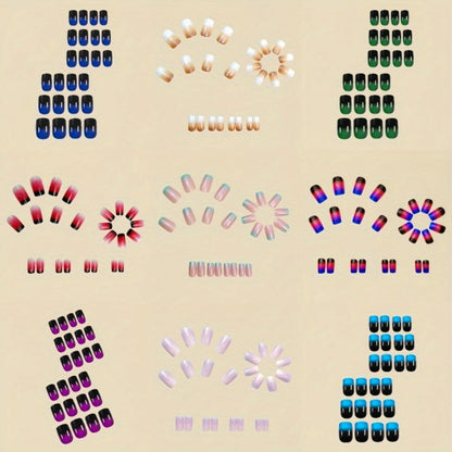 Press On Nails 216-Piece Short Square Nine-Pack Colorful Gradient Ombre Set with Tabs and Nail File