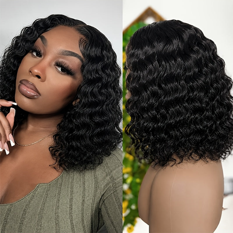 Lace Front Wig Deep-Wave Human Hair Bob, 12-Inch 1B or Natural Black with 4x4 Closure and 22.5-Inch Cap