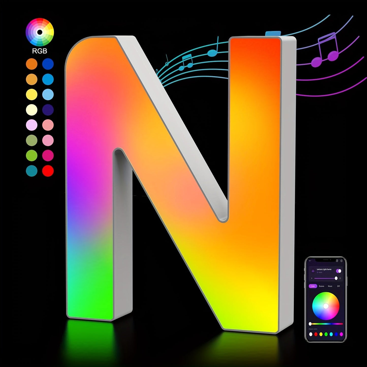 RGB LED Letter and Number Light with 38 Checkout Shapes, USB Power, App Control and Music Sync