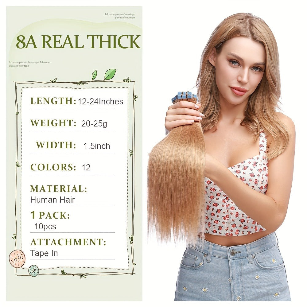 Hair Extensions Straight Brazilian Remy Human Hair Tape-In Set with 10 Pieces, 12–24-Inch Lengths and 11 Colors