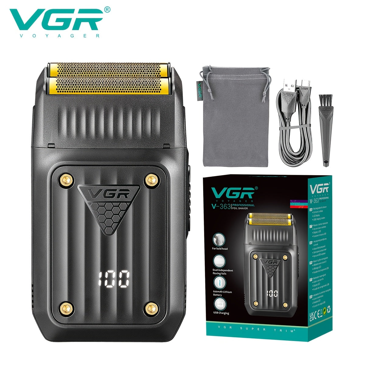 Electric Shaver VGR Cordless Foil Razor with USB Rechargeable Power in Black, Models V-363 or V-375