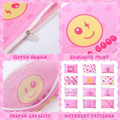 Bulk 24-Piece Pink Cosmetic Pouch Set with Mixed Western-Style Prints and Top Zipper Closures