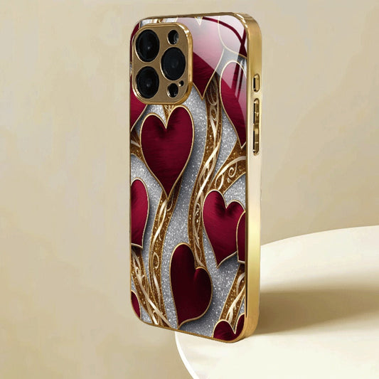 Phone Case Red and Gold Heart Pattern Slim Cover for Select iPhone and Samsung Galaxy Models