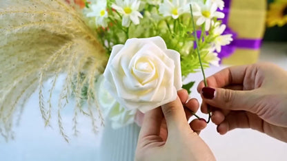 Artificial Flowers 50-Piece White Silk-Style Rose Set with Stems for Wedding Bouquets and DIY Decor
