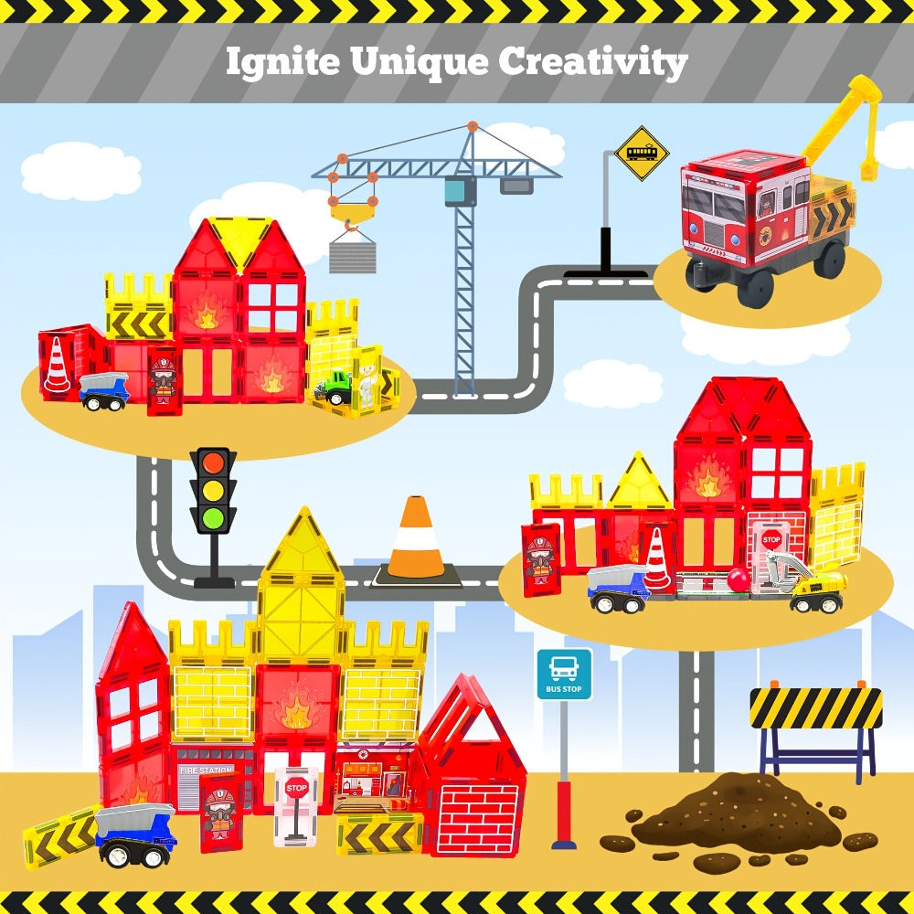 Magnetic Tiles 56-Piece Fire Station Building Set with Road Panels, Crane, Ramps and Vehicle Pieces