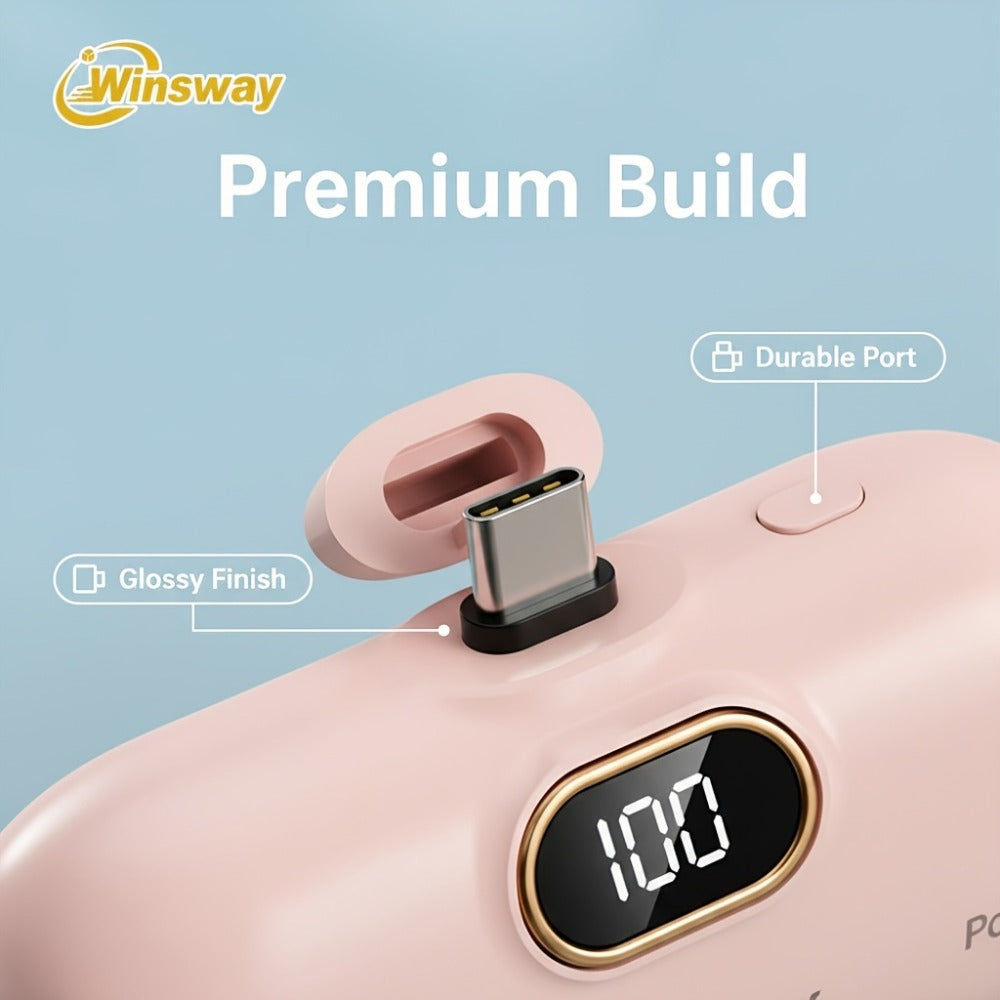 Winsway 5000mAh Mini Portable Charger Type-C Metal Plug with LED LCD Display – Fast Charging Pocket Battery Pack for iPhone 17 16 15 Pro Max iPad Pro Android Samsung, Compact Travel Gift