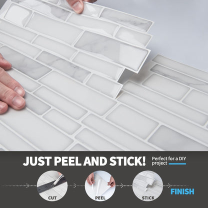 Ten-Sheet White Marble Subway-Pattern Peel-and-Stick Backsplash Wall Tile Set with 30 x 18 cm Panels