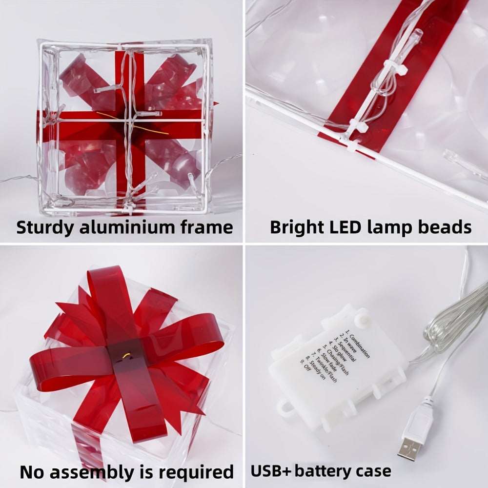 Three Warm-White Light-Up Christmas Gift Boxes with Red Bows, USB Lead and Battery Case Pictured