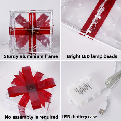 Three Warm-White Light-Up Christmas Gift Boxes with Red Bows, USB Lead and Battery Case Pictured
