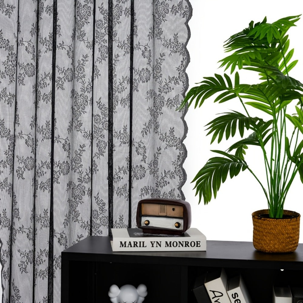 Two-Panel Floral Lace Window Curtain Set with Rod-Pocket Top, Three Colors and Six Metric Size Options