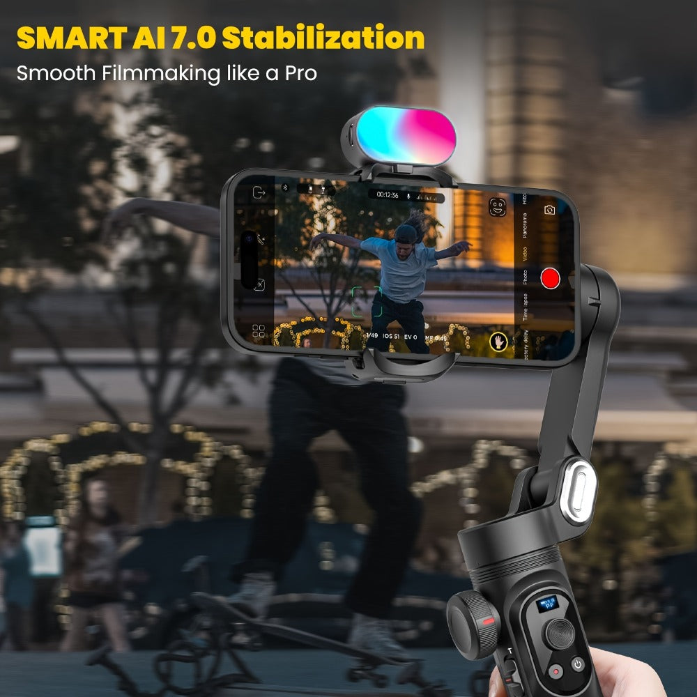 AOCHUAN Smart X Pro Combo 3-Axis Smartphone Gimbal Stabilizer | RGB Fill Light, Extension Rod, OLED Display & Wireless Charging for iPhone 15 14 13 Pro Max, YouTube Vlogging & Live Streaming