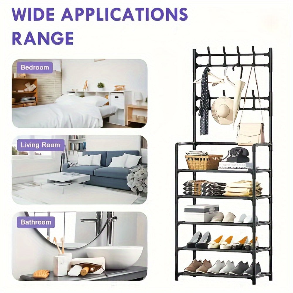 Shoe Rack Floor-Standing Organizer with 8 Double Hooks and 3-Layer or 5-Layer Black Options