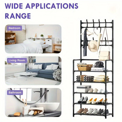 Shoe Rack Floor-Standing Organizer with 8 Double Hooks and 3-Layer or 5-Layer Black Options