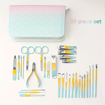 Nail Care Kit 30 Piece with Gradient Travel Box — Complete Manicure & Pedicure Set, Fingernail & Toenail Clippers for Women Men Family, Personal Care Beauty Grooming Gift
