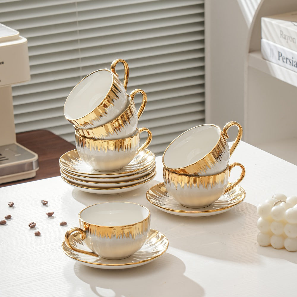 European-Style Coffee Cup and Saucer Set, Six 250 ml White and Gold-Trim Place Settings for Tea and Espresso