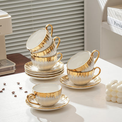 European-Style Coffee Cup and Saucer Set, Six 250 ml White and Gold-Trim Place Settings for Tea and Espresso