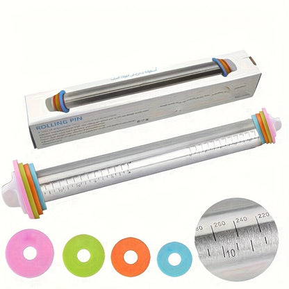 Stainless Steel Rolling Pin with Adjustable Thickness Rings for Pizza, Cookies, Dough and Pastry