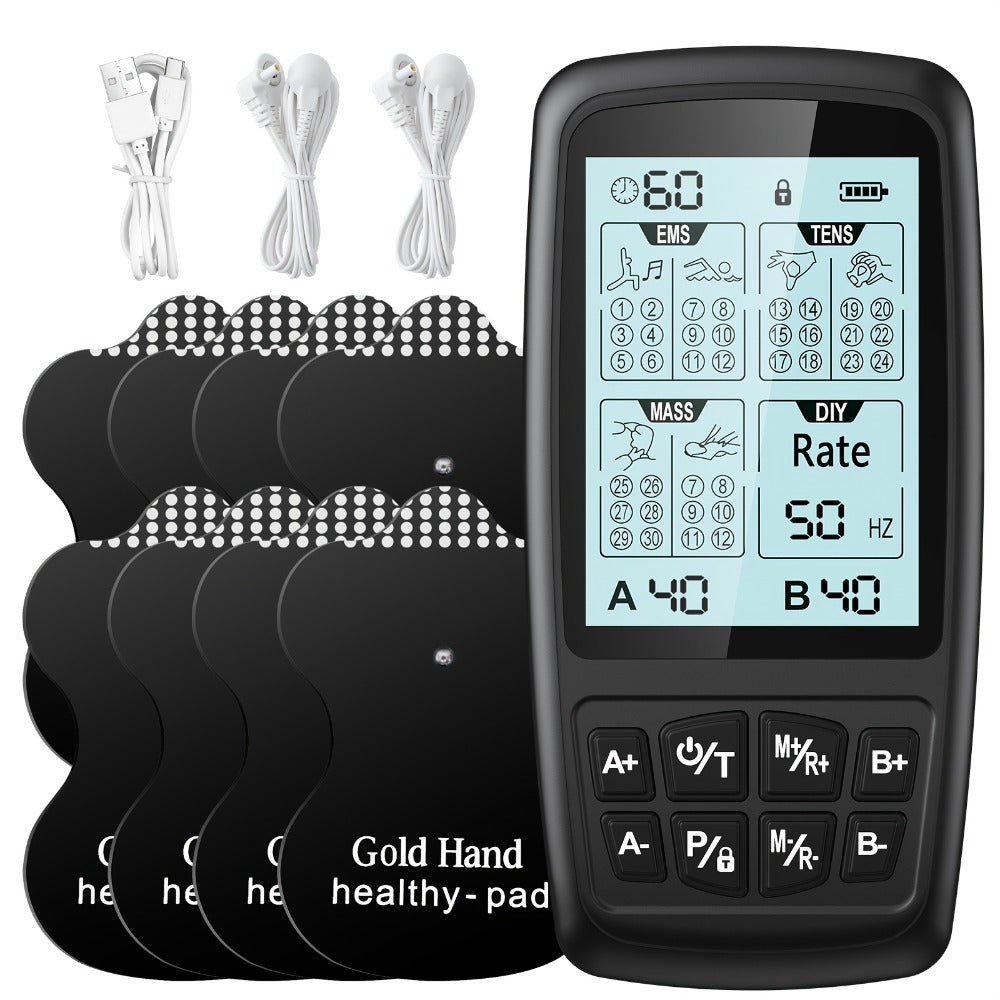 Dual-Channel TENS and EMS Stimulator with Four Electrode Pads in Black 36-Mode or White Versions