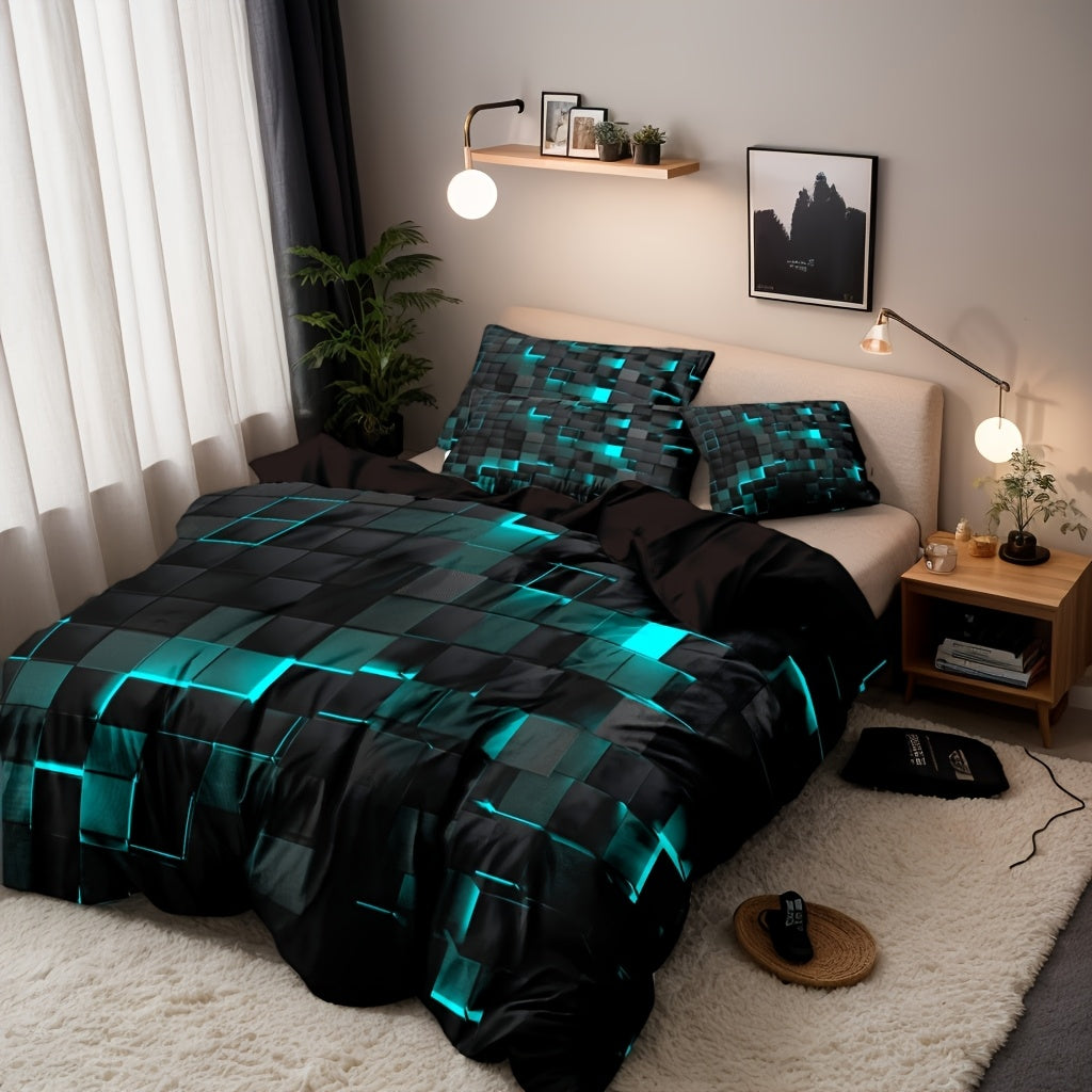 3-Piece Duvet Cover Set with Dimensional Geometric Cube Print, Zipper Closure and Five Color Options