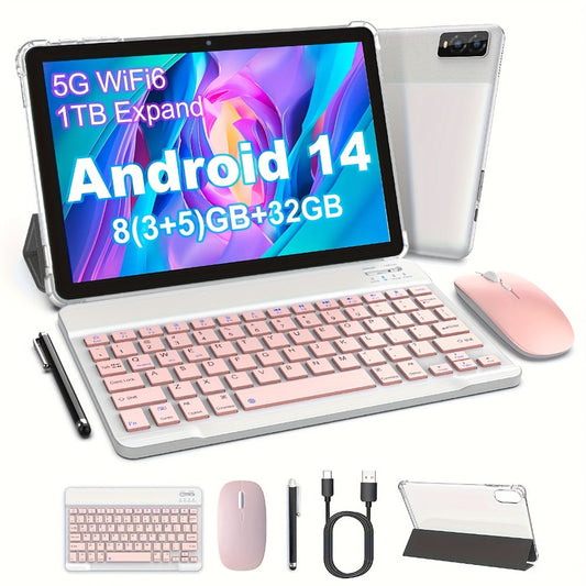 Android 14 Tablet 10 Inch 8GB RAM 32GB ROM 1TB Expandable Octa-Core A523 WiFi 6 IPS Touchscreen Dual Camera with Keyboard Mouse Case Stylus Optional Black White Pink