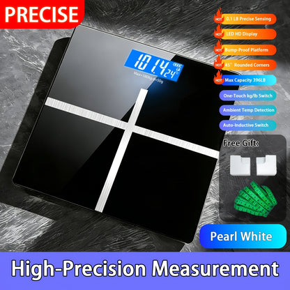 Digital Bathroom Scale with LCD Temperature Display – 396 lb High-Precision Weight Scale, KG/Pounds Switchable, Wide Non-Slip Platform, Available with HD LED Upgrade, Waist Strap & Storage Rack
