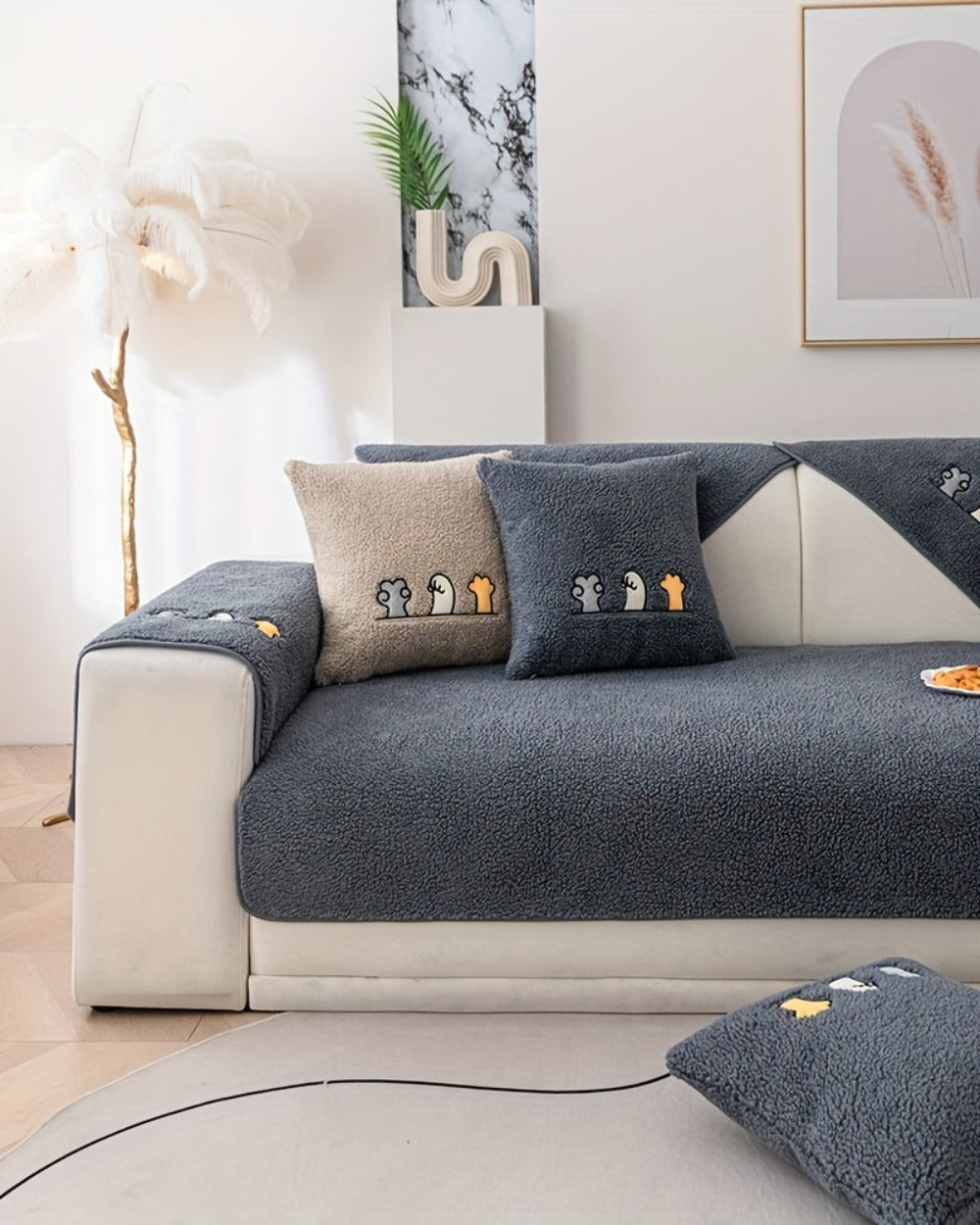 Sofa Cover Thick Plush Shearling Panels with Animal and Bone Embroidery and Non-Slip Feature for 2 to 4 Seats