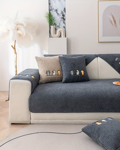 Sofa Cover Thick Plush Shearling Panels with Animal and Bone Embroidery and Non-Slip Feature for 2 to 4 Seats