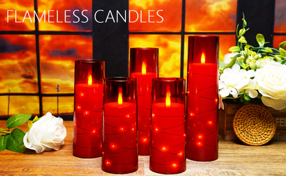 Flameless LED Candles with Remote Control Timer and Star String Lights Set of 5 or 7 Pillar Candles for Wedding Garden Home Decor Anniversary Gift Grey Ivory Gold Red