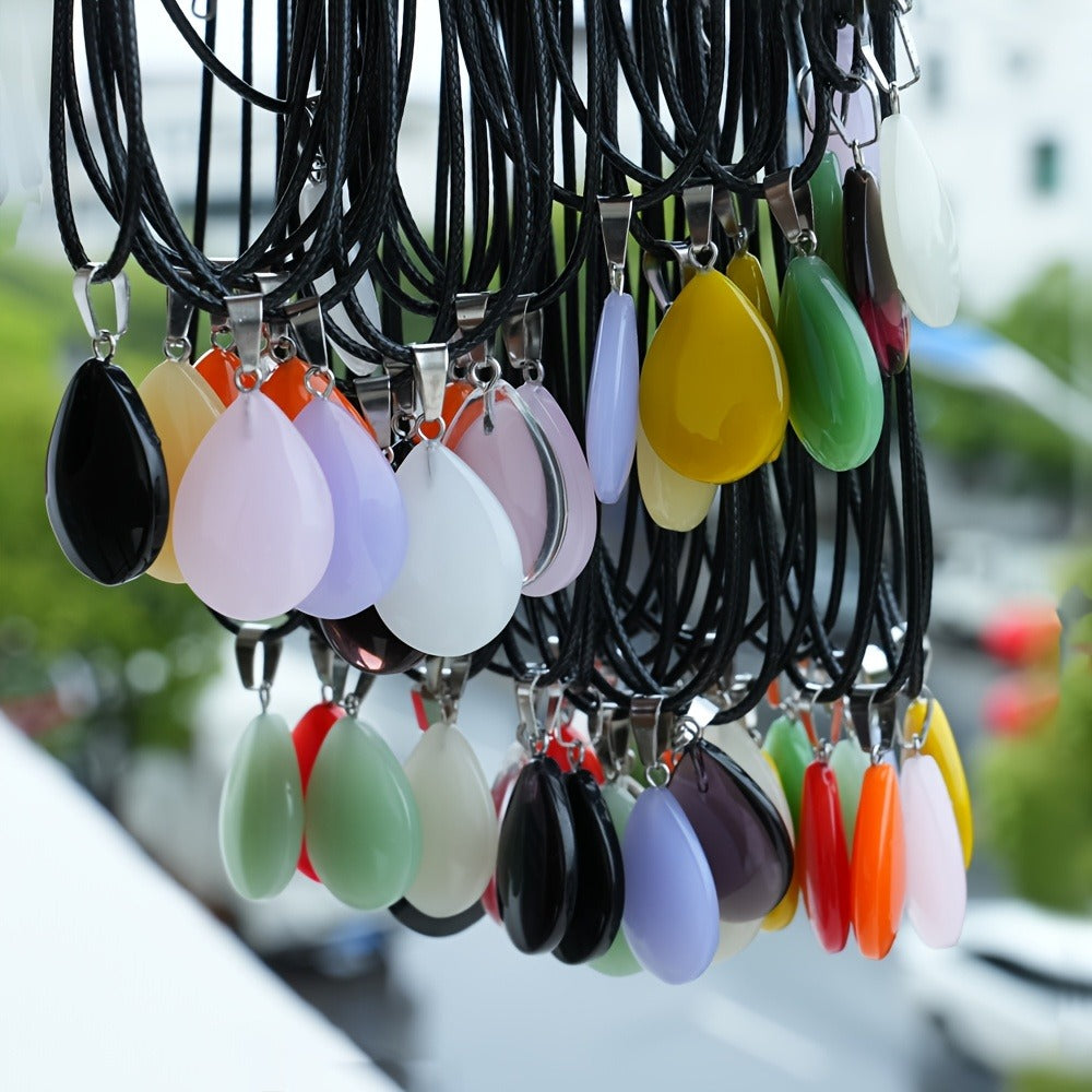 Forty-Piece Multicolor Teardrop Pendant Necklace Set with 20 Faux Crystal Charms and 20 Black Cords