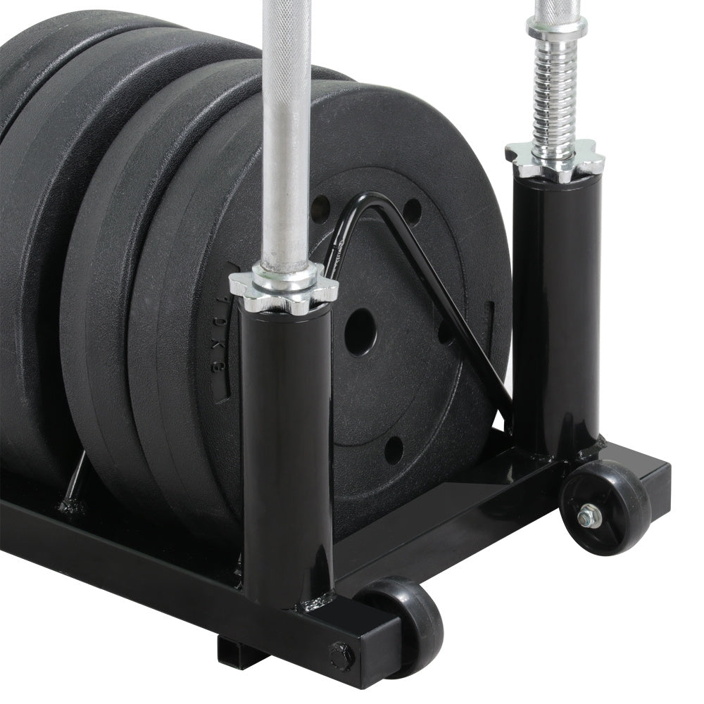 Barbell & Weight Plate Storage Rack with Wheels & Handle – 300 lb Capacity, 2 Barbell Holders, 4 Plate Slots, Powder Coated Steel for Home Gym & Garage Organization