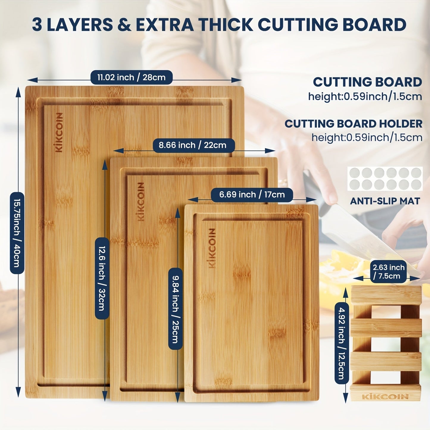 Bamboo Cutting Board Set with Storage Rack & Juice Groove | 4-Piece Kitchen Chopping Board for Vegetables Meat Fruits Bread Cheese | Eco-Friendly Wood Cutting Boards | Perfect Kitchen Gift Set