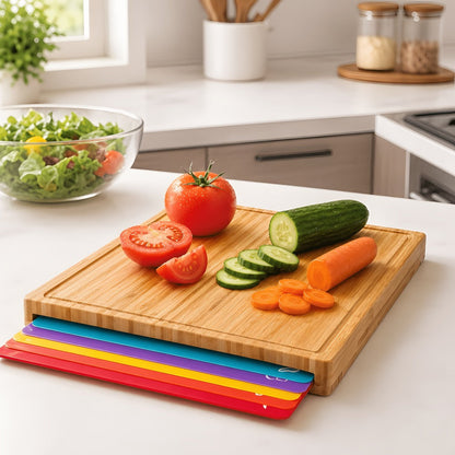 Bamboo Cutting Board Set with Six Color-Coded Flexible Prep Mats and One-Piece or Seven-Piece Options