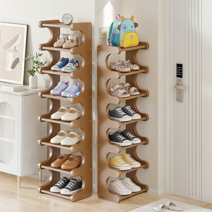Natural-Color Seven-Layer Bamboo-Labeled Shoe Rack with Narrow Freestanding Corner Layout Design