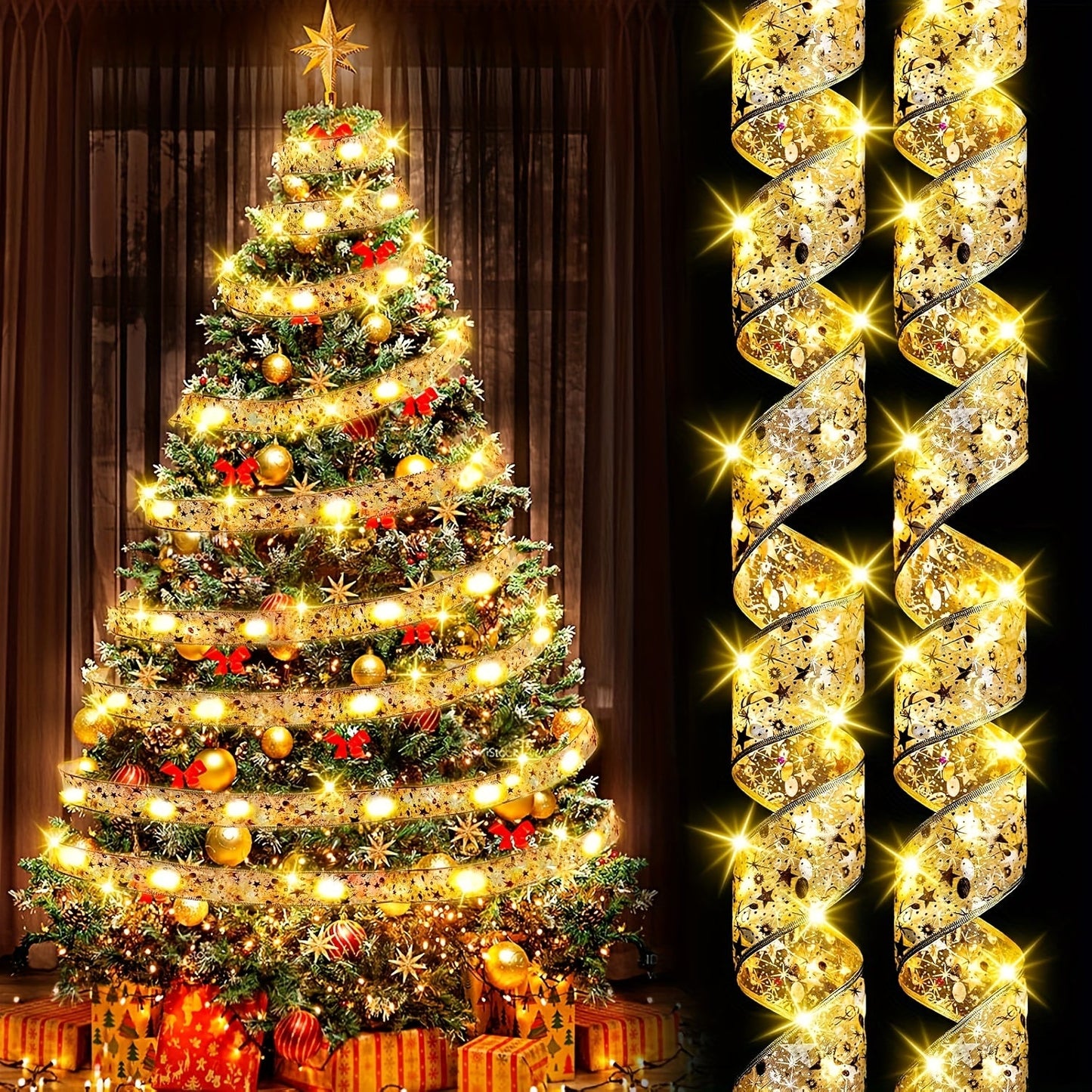 String Lights, 32.8-Foot Golden Warm White Ribbon Garland with Battery Power for Indoor Holiday Decor