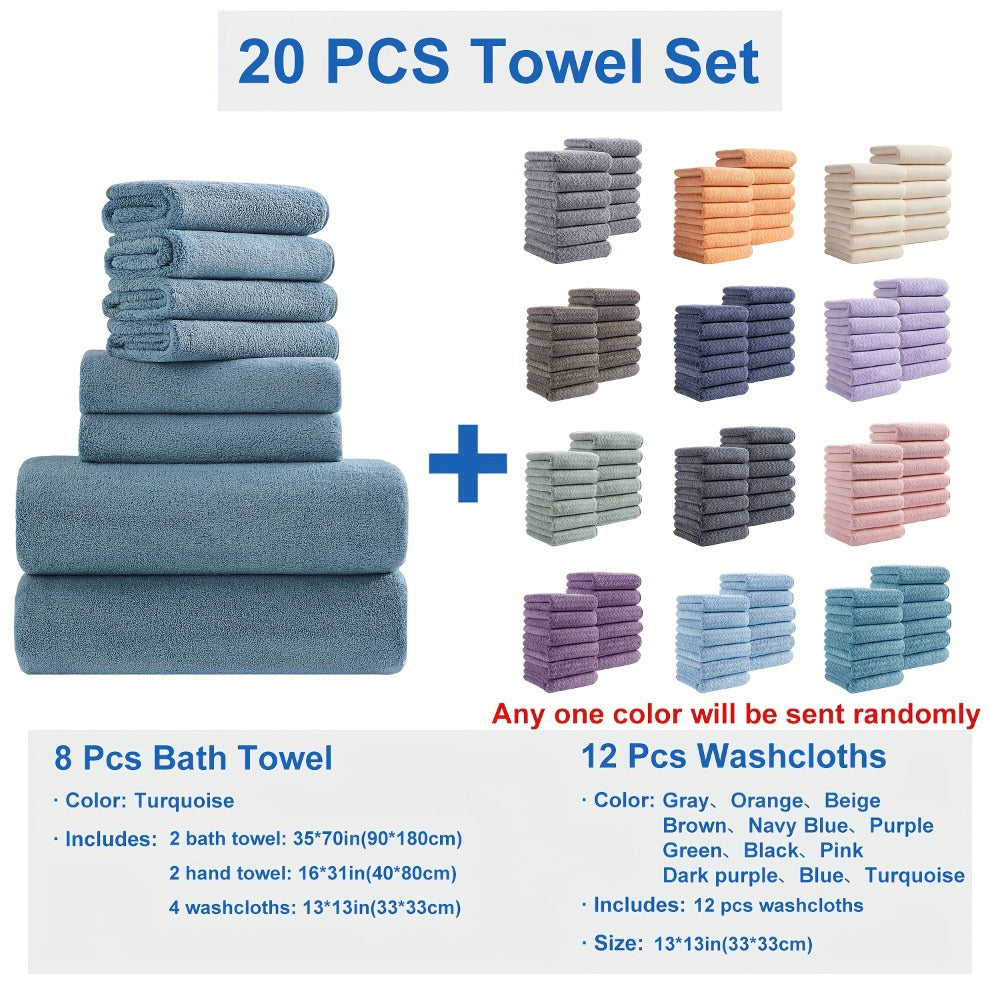 Twenty-Piece Bath Towel Set with Eight Large Towels and Twelve Washcloths in Ten Exact Color Options