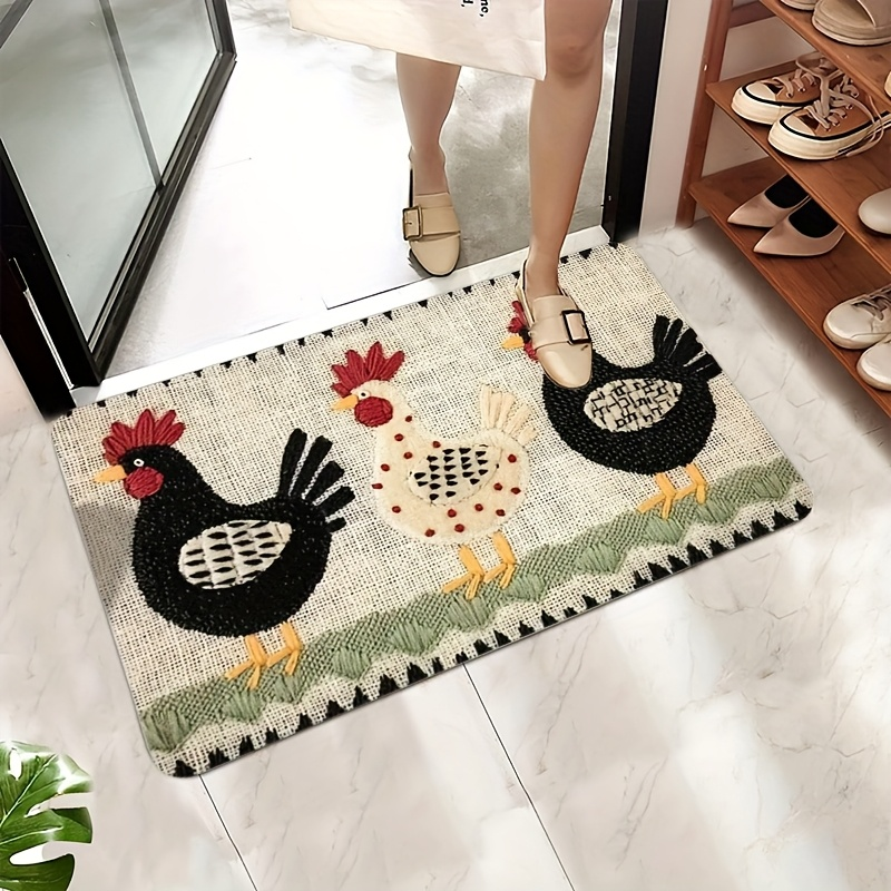 Rooster Print Door Mat with Light Striped Field and Fringed-Look Border in Three Rectangles or One Runner