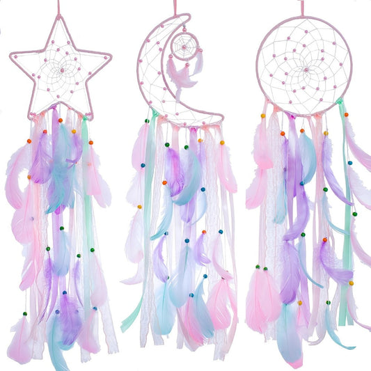 Dream Catcher Set of 3 - Moon Sun Star Wall Hanging Decor for Bedroom, Boho Room Decor for Teen Girls Kids, Princess Bedroom Decoration, 8 Inch Metal Hoop, Pink White Black Brown, Nursery Wall Art Gift