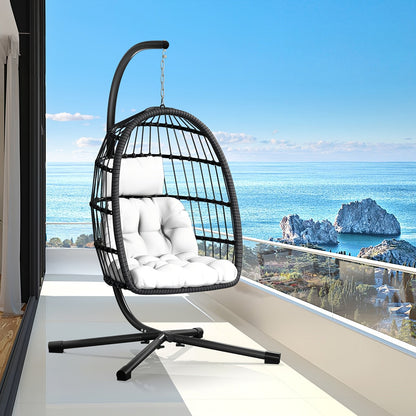 Rattan Wicker Hanging Egg Chair with Stand, Aluminum Frame and 11 Cushion and Size Options
