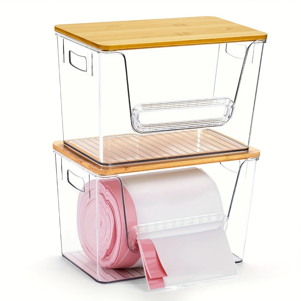 Clear Stackable Trash Bag Roll Dispenser with Bamboo Lid and One-, Two- or Four-Pack Options