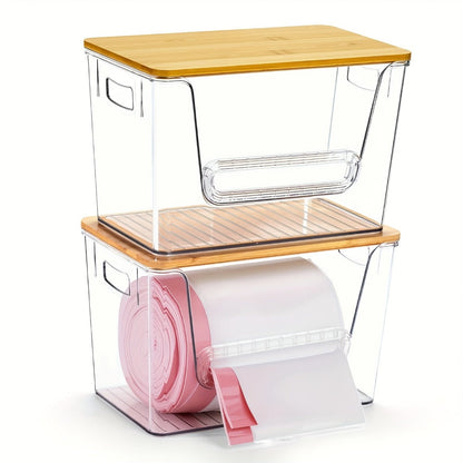 Clear Stackable Trash Bag Roll Dispenser with Bamboo Lid and One-, Two- or Four-Pack Options
