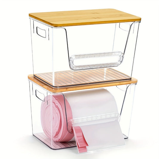 Clear Acrylic Trash Bag Dispenser Stackable with Bamboo Lid Extra Large Kitchen Organizer for Under Sink Laundry Room Pantry Holds 13 30 33 Gallon Bags 1 2 or 4 Pack