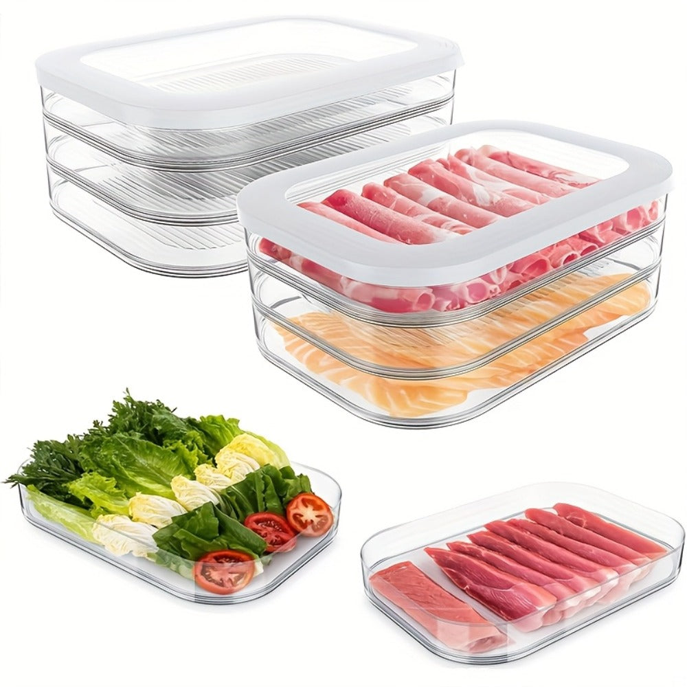 Food Storage Container Four-Tier Stainless Steel Refrigerator Tray Set with Clear Lids and Stacking Rims