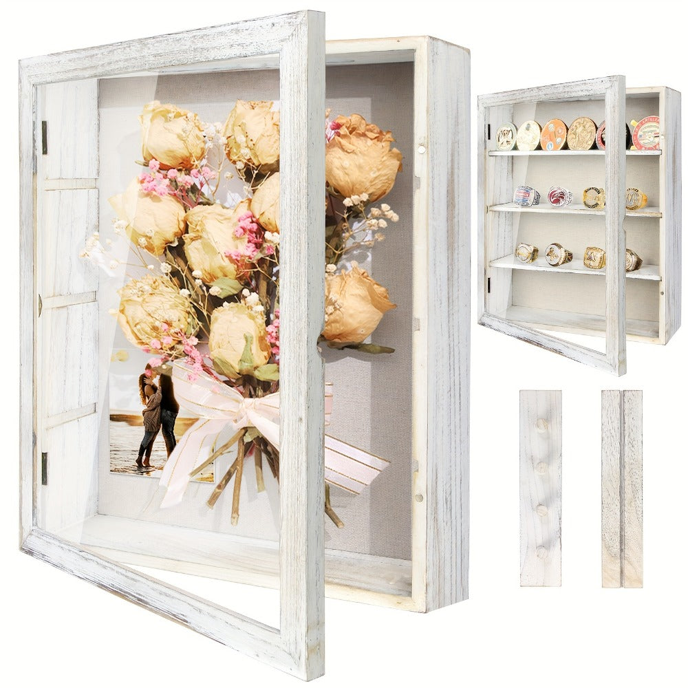 Shadow Box Frame 11x14 with 4 Removable Shelves - Large Deep Display Case for Medals Coins Pins Photos Flowers Keepsakes, Wall Hanging Memory Box for Collections, Black White Brown