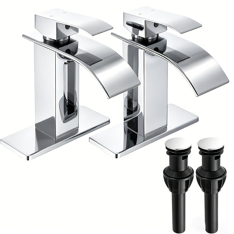 Single-Handle Waterfall Bathroom Faucet with Deck Plate, Drain Options and Single or Two-Piece Finishes