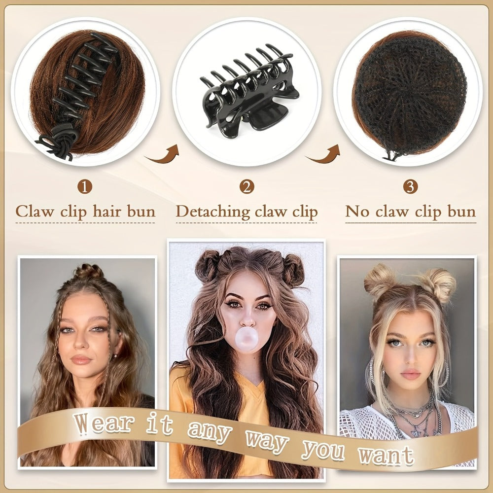 Mini Donut Bun Hairpiece with Cat Ears Claw Clip Messy Bun Synthetic Fiber Instant Updo – 2 Pcs Set for Women Girls All Hair Types Natural Black Brown Blonde 4 Inch