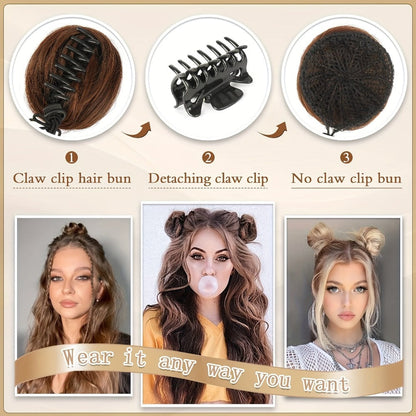 Mini Donut Bun Hairpiece with Cat Ears Claw Clip Messy Bun Synthetic Fiber Instant Updo – 2 Pcs Set for Women Girls All Hair Types Natural Black Brown Blonde 4 Inch