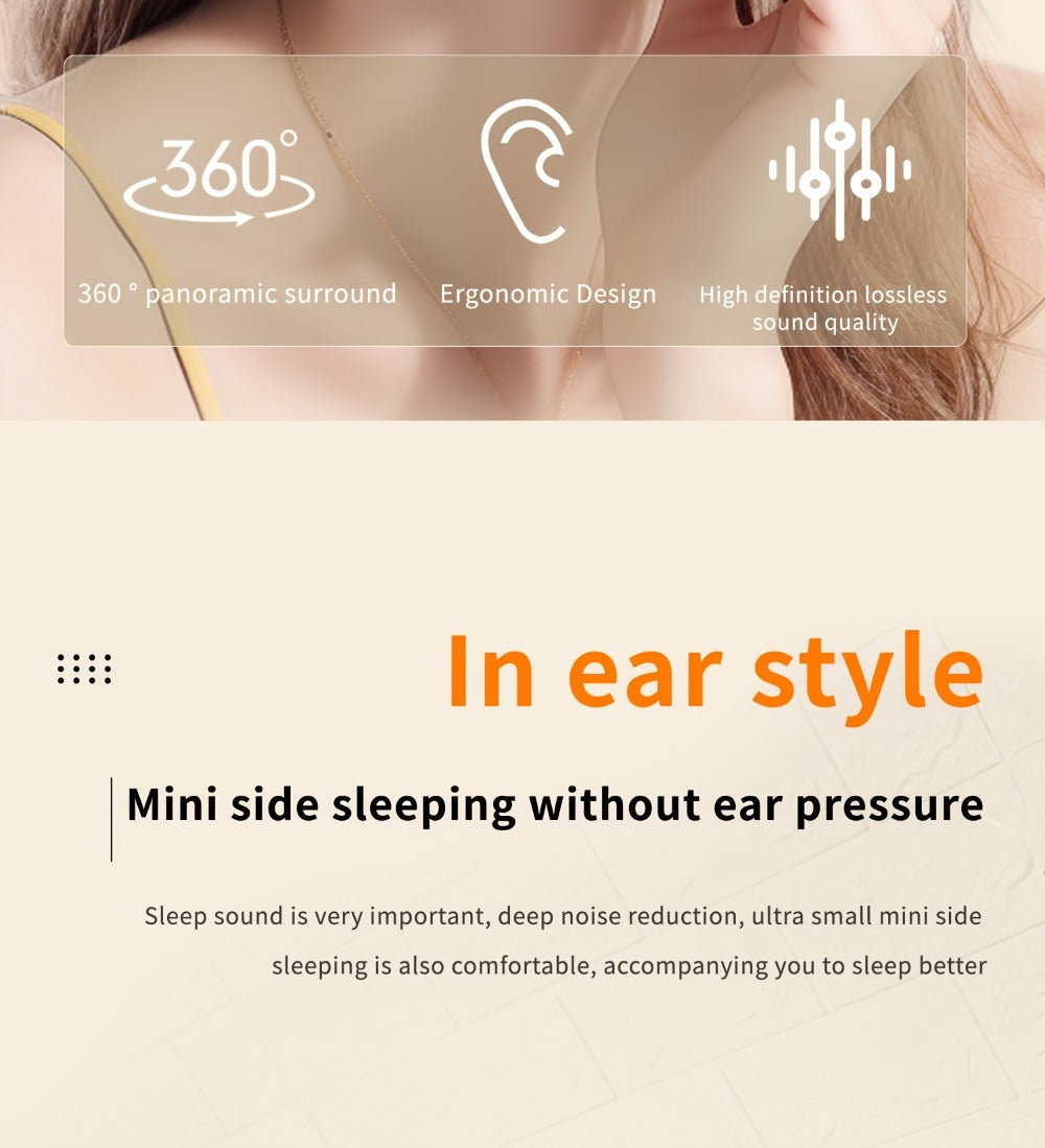 Invisible Sleep Wireless Earbuds 2 Pairs, Mini In-Ear Earphones HiFi Sound Noise Reduction Bass Touch Control Digital Display Long Battery Type-C, for Office Leisure Sport Sleep Men Women