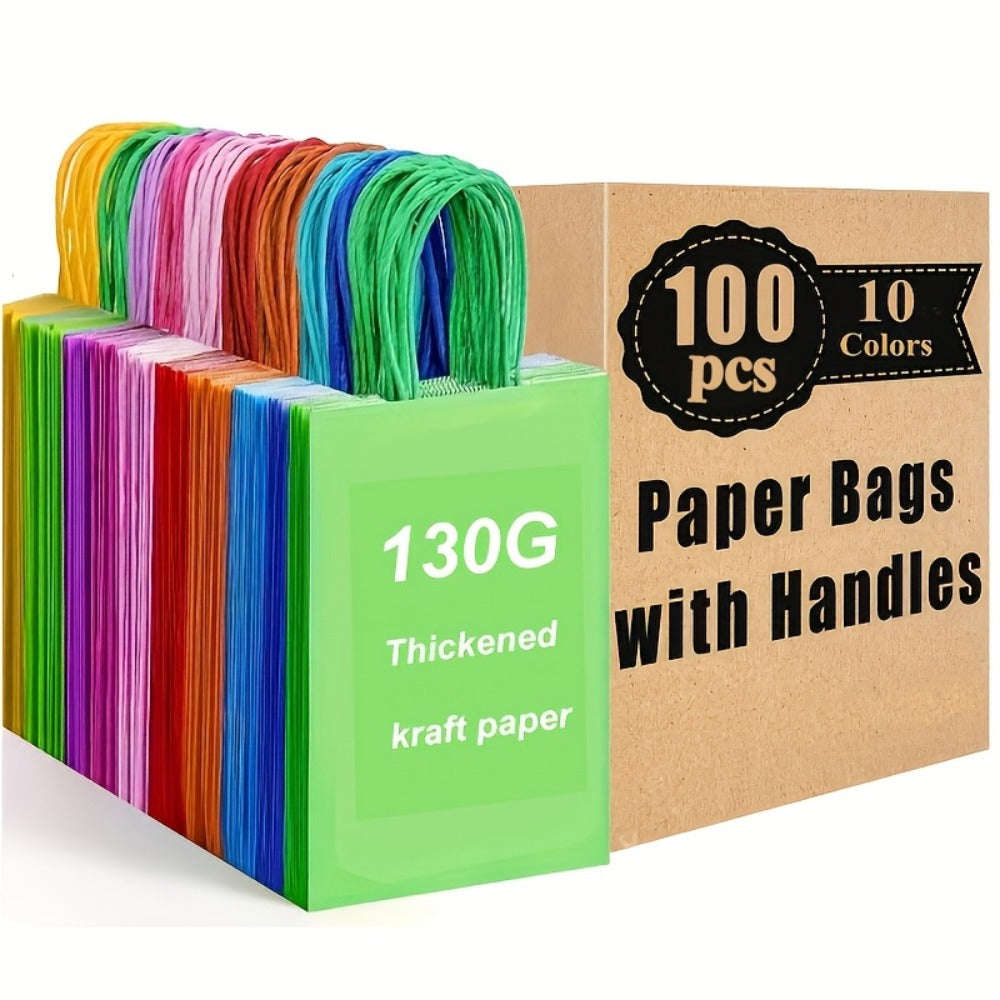 Paper Gift Bags with Handles Bulk 20/40/100pcs – Rainbow Colorful Kraft Party Favor Bags for Kids Birthday, Baby Shower, Wedding, Graduation, School Events & Retail Packaging, 10 Bright Colors