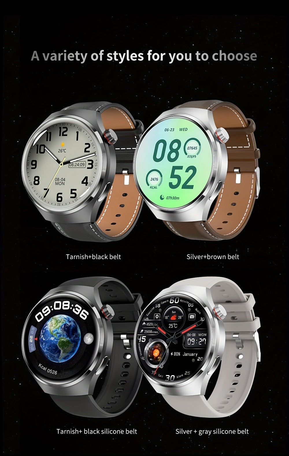 Smart Watch 360x360 Round Display with GPS, NFC, Wireless Calling and Five Strap Options for Men