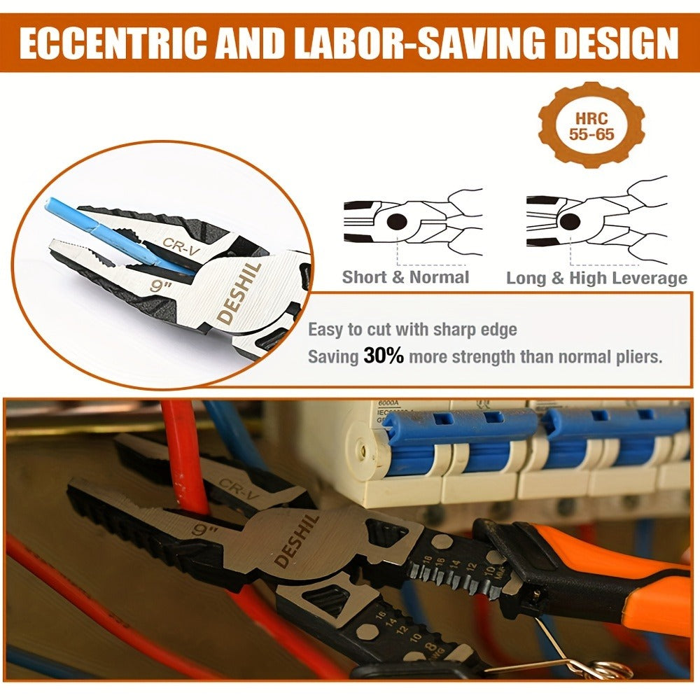 Pliers Set 9-in-1 Multi-Function Industrial Grade, 8.5" Lineman Pliers, 8.5" Long Nose Pliers, 8" Diagonal Side Cutters, CRV Steel TPR Handle Wire Stripper Crimper Cutter for Electrical & Auto Repair